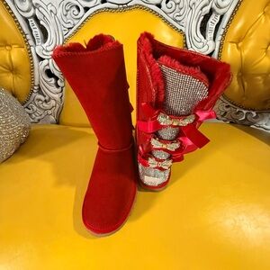 Red Fur-Lined Boots with Rhinestone Detail